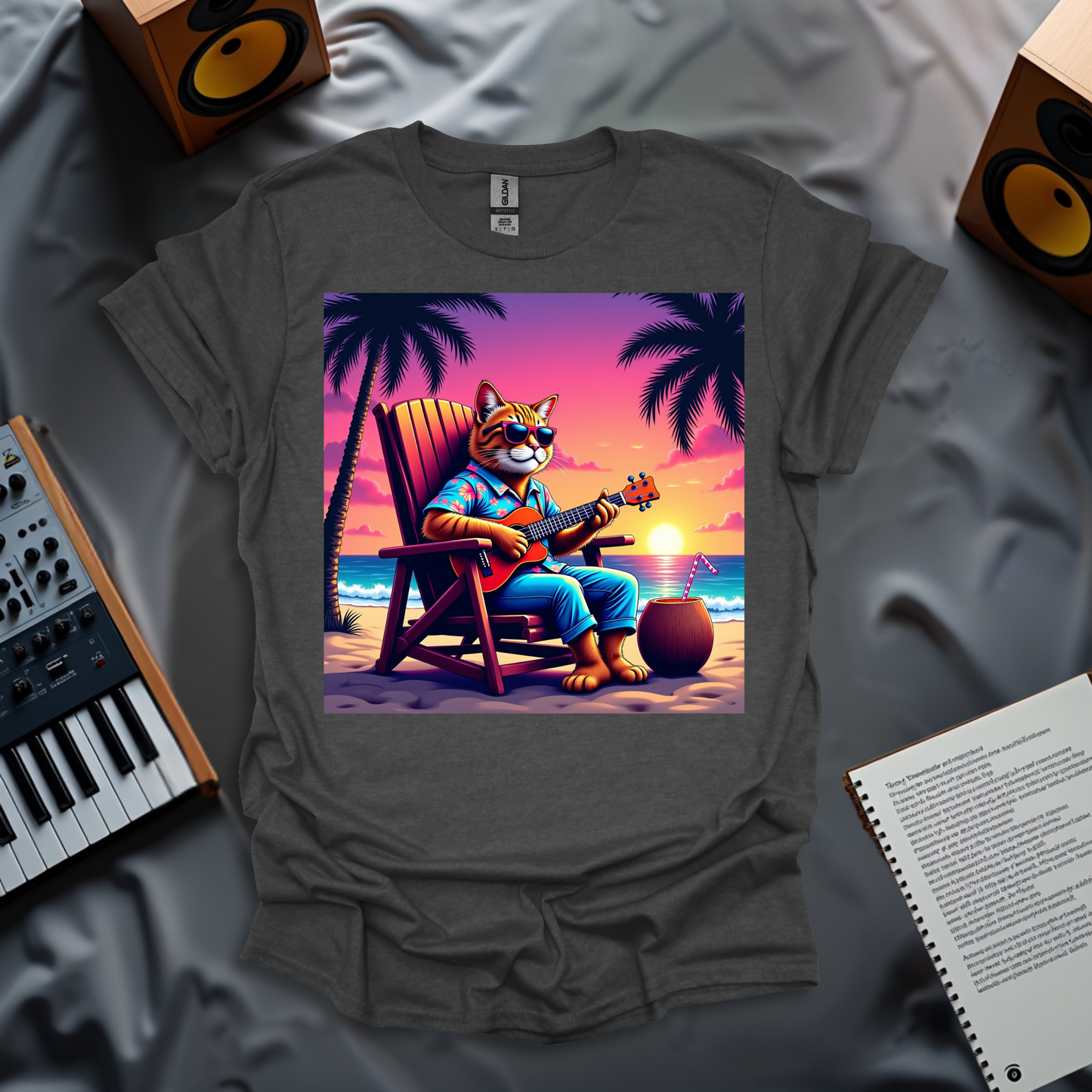 Retro 80s Relaxed Tabby Cat Playing Ukelele In Hawaii