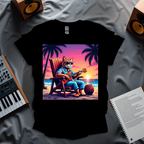 Retro 80s Relaxed Tabby Cat Playing Ukelele In Hawaii