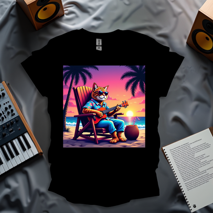 Retro 80s Relaxed Tabby Cat Playing Ukelele In Hawaii