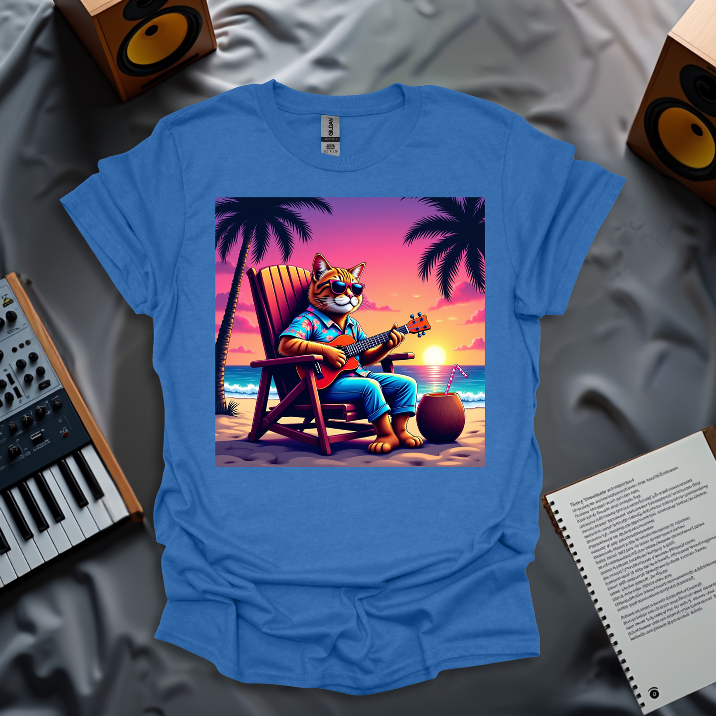 Retro 80s Relaxed Tabby Cat Playing Ukelele In Hawaii