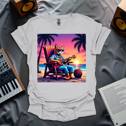 Retro 80s Relaxed Tabby Cat Playing Ukelele In Hawaii