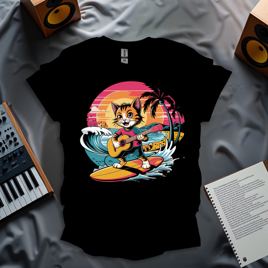 Surfing Cat with Guitar T-Shirt