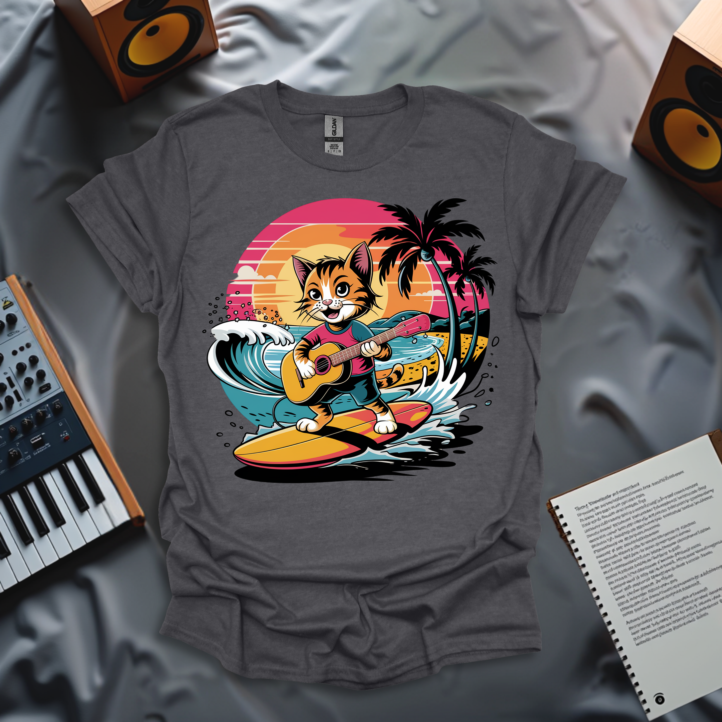 Surfing Cat with Guitar T-Shirt