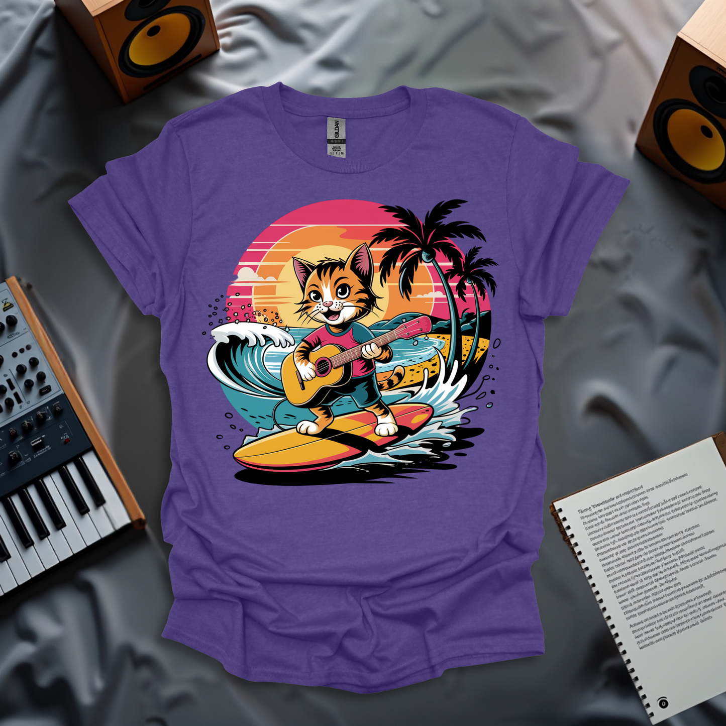 Surfing Cat with Guitar T-Shirt