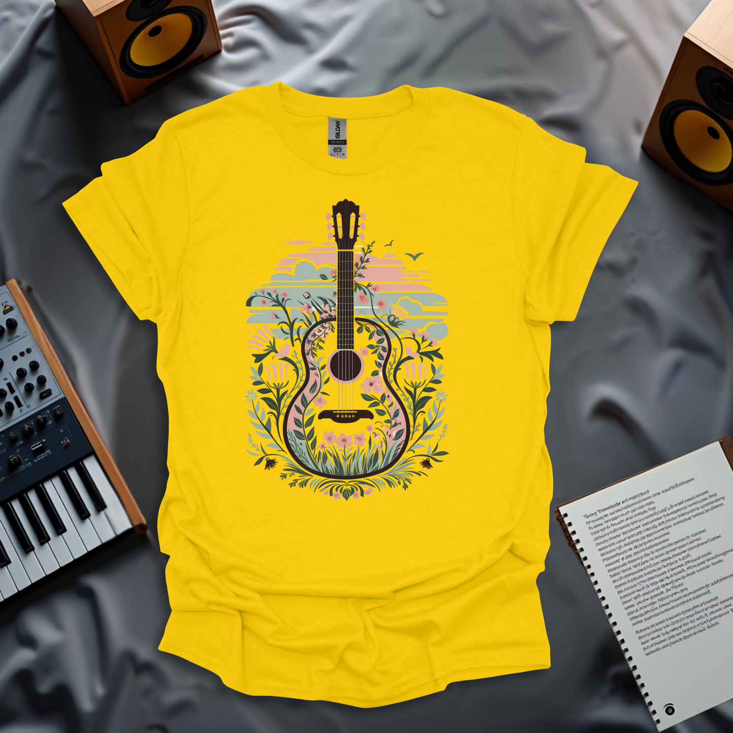 Floral Guitar Harmony - Vintage Style T-Shirt