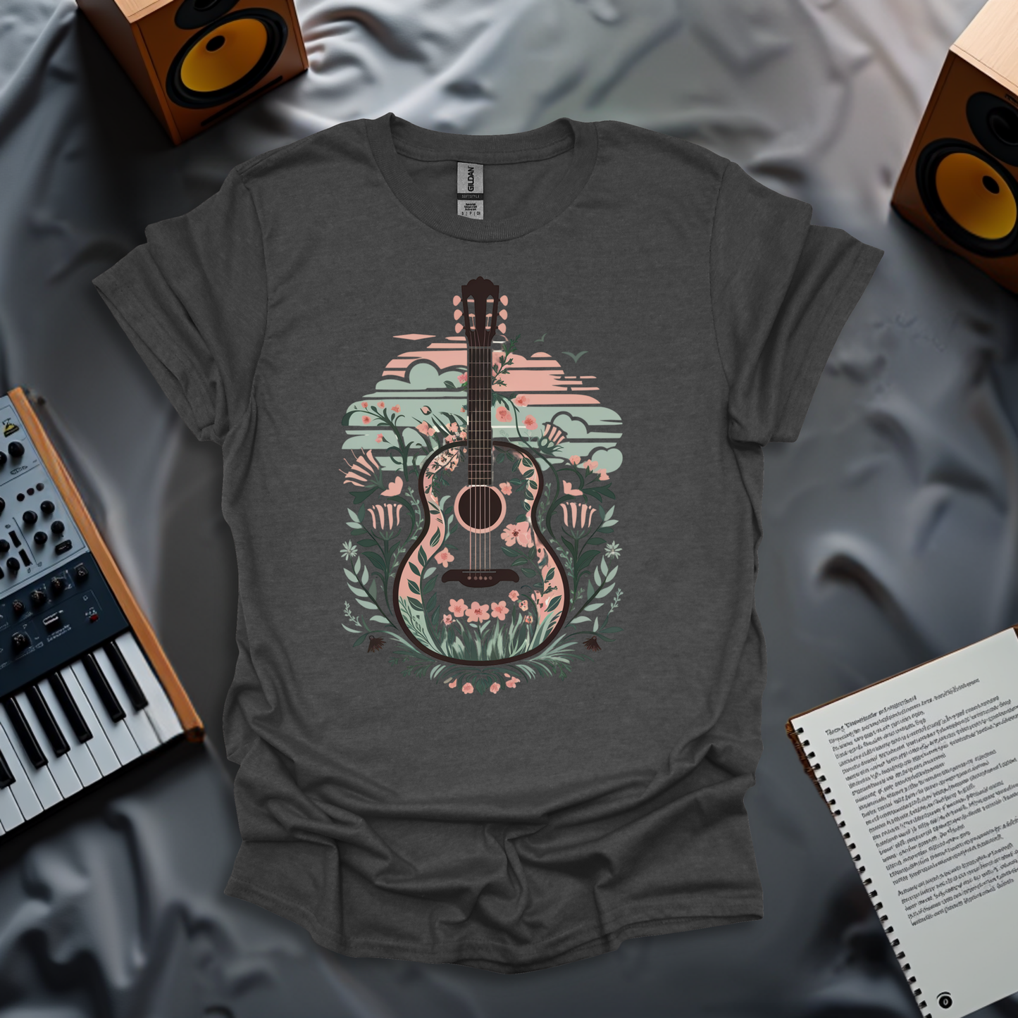 Floral Guitar Harmony - Vintage Style T-Shirt