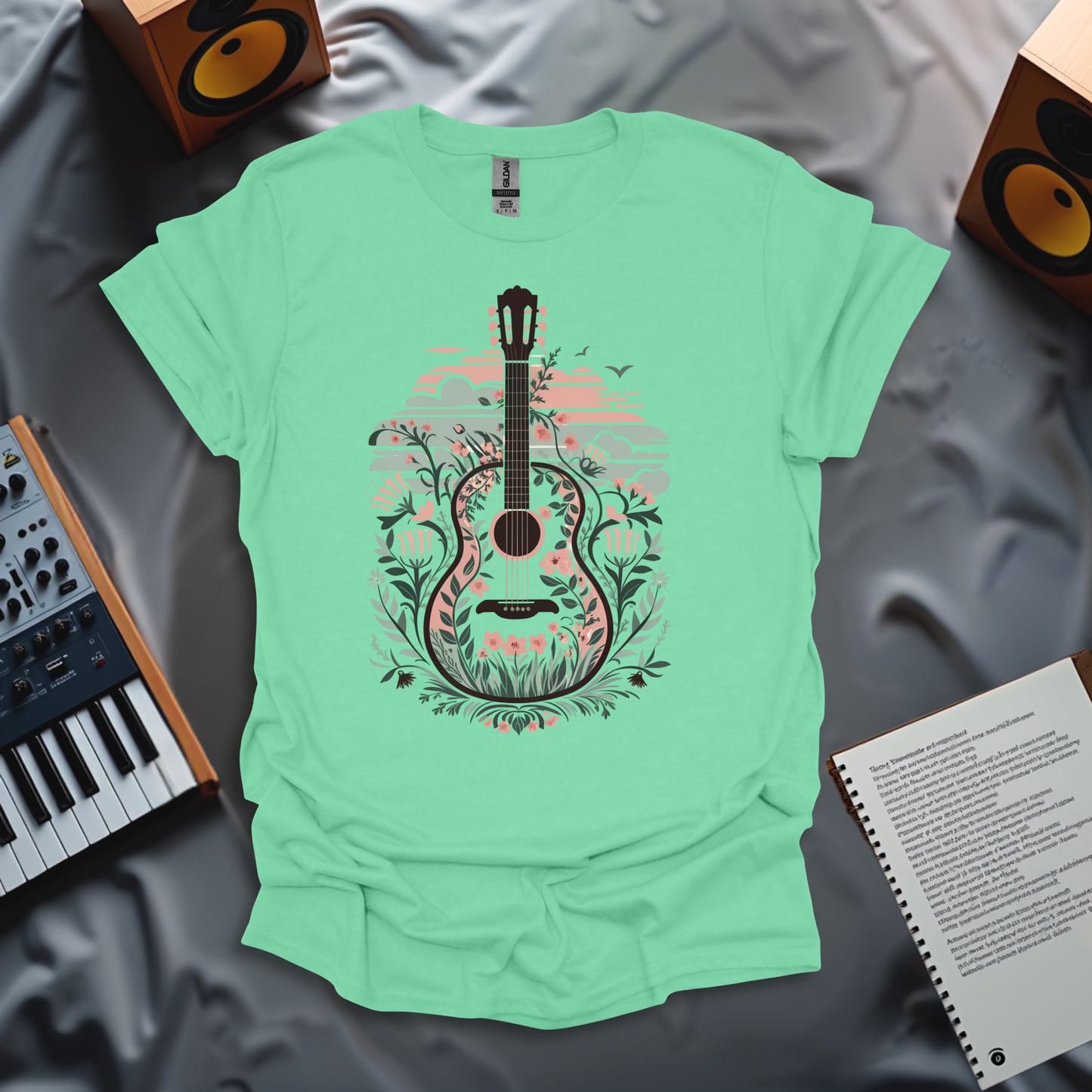 Floral Guitar Harmony - Vintage Style T-Shirt