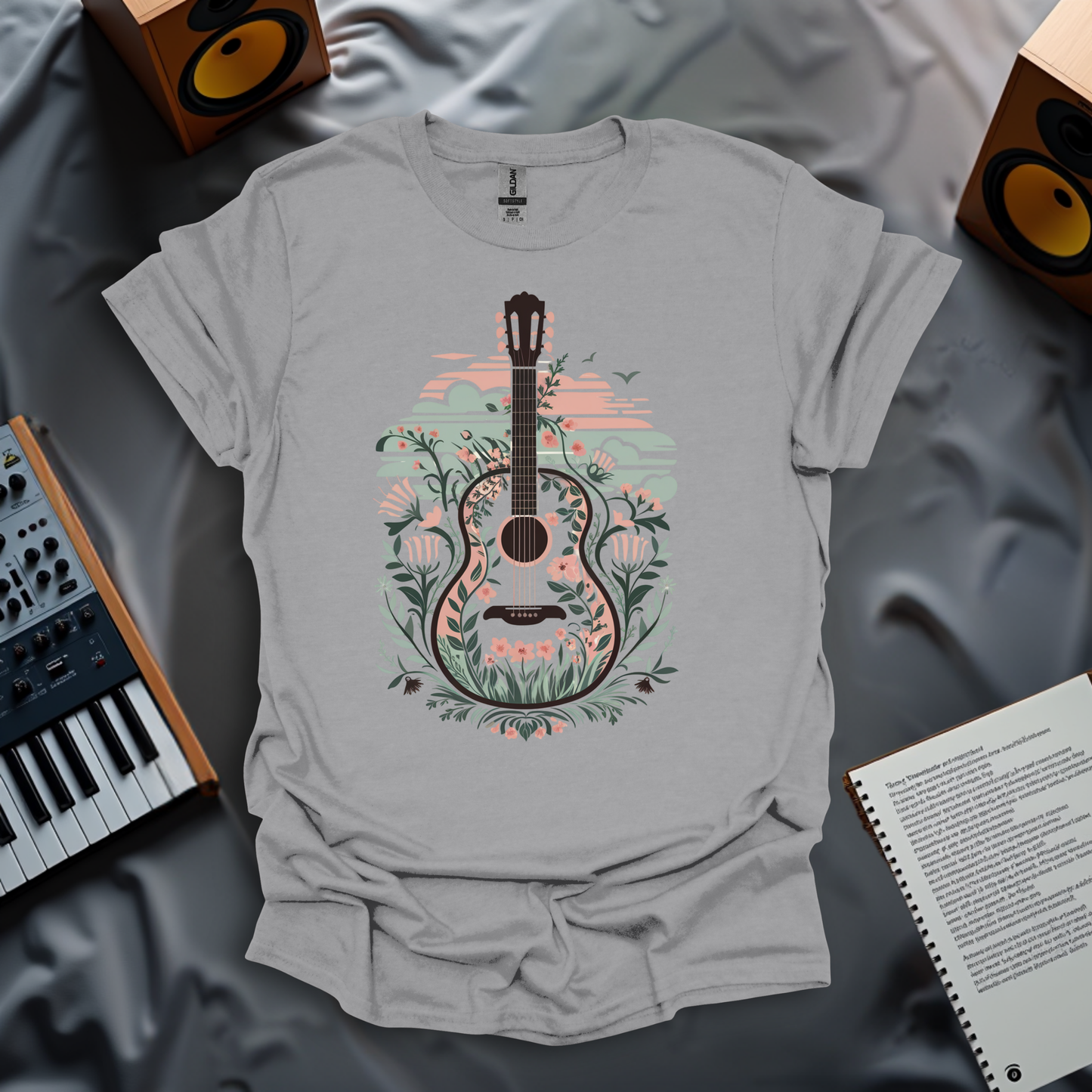 Floral Guitar Harmony - Vintage Style T-Shirt